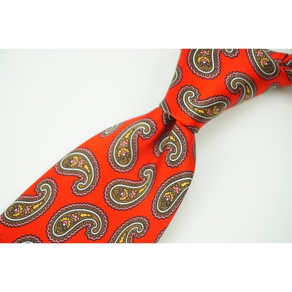 Brioni Cherry Red Pink Orange Brown Paisley 100% Silk Tie BRAND NEW